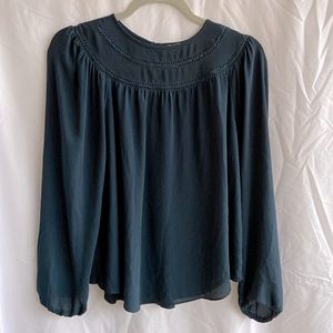 LOFT Dark Green, Round Neck, Long Sleeve Top, Button in the Back, small size